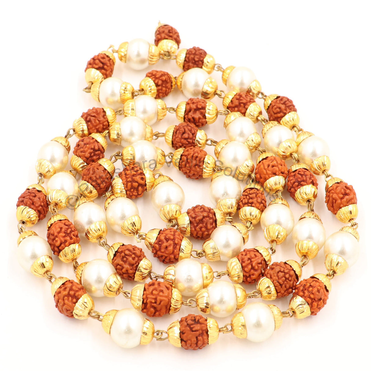 Arkam Rudraksh Pearl Mala/ 100% Natural Rudraksha and Pearl Mala with Gold Metal Capping/ Original Rudraksha Pearl Rosary/ Rudraksh Moti Mala/ Rudraksha Moti Rosary (Size: 8mm, Beads: 54+1, Length: 32 inches) - Retail Maharaj
