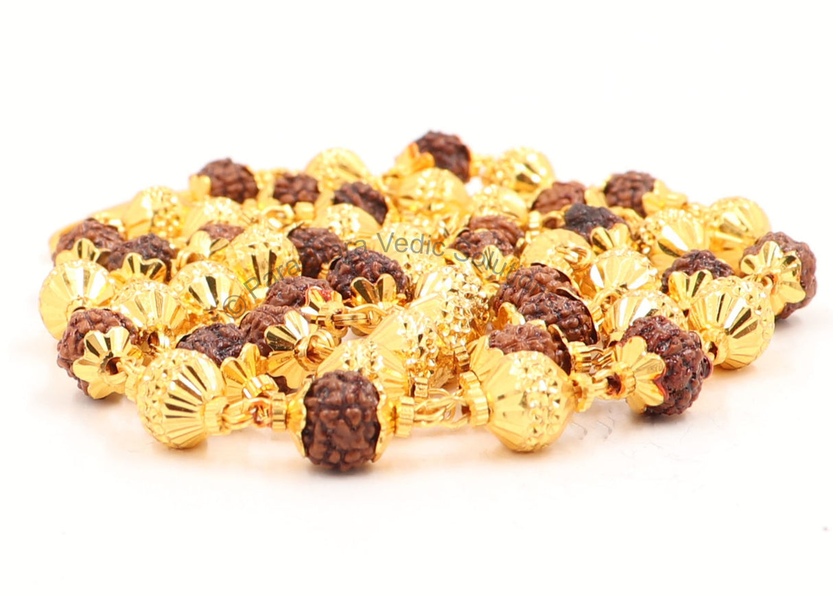 Arkam Rudraksh Mala with Gold Metal Capping/ Fancy Rudraksh Mala for Men and Women/ Stylish Rudraksha mala Yellow Cap/ Rudraksh Mala 6mm Original(Size: 6mm, Length: 24 inches) - Retail Maharaj