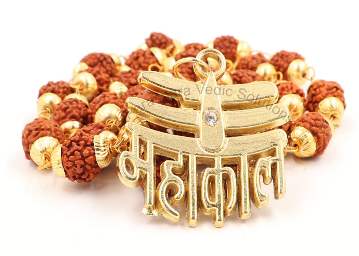 Arkam Mahakal Tripund Pendant and Rudraksha Mala Gold plated Brass/ Rudraksh Mala with Gold Metal Capping/ Fancy Rudraksh Mala for Men and women/ Stylish Rudraksha mala Yellow Cap/ Rudraksh Mala 10mm Original (Size: 10mm, Length: 24 inches) - Retail Maharaj