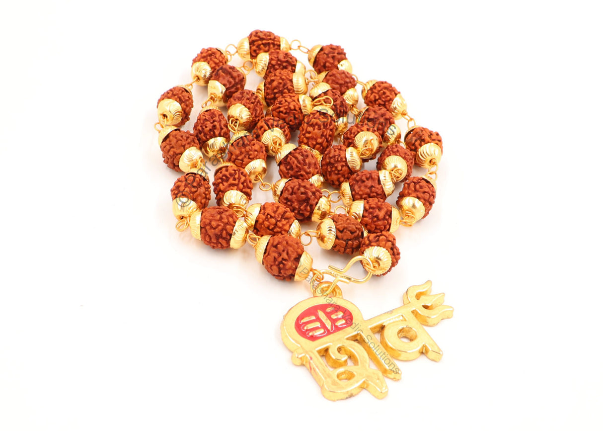 Arkam Shiv Tripund Pendant and Rudraksha Mala Gold plated Brass/ Rudraksh Mala with Gold Metal Capping/ Fancy Rudraksh Mala for Men and women/ Stylish Rudraksha mala Yellow Cap/ Rudraksh Mala 10mm Original (Size: 10mm, Length: 24 inches) - Retail Maharaj