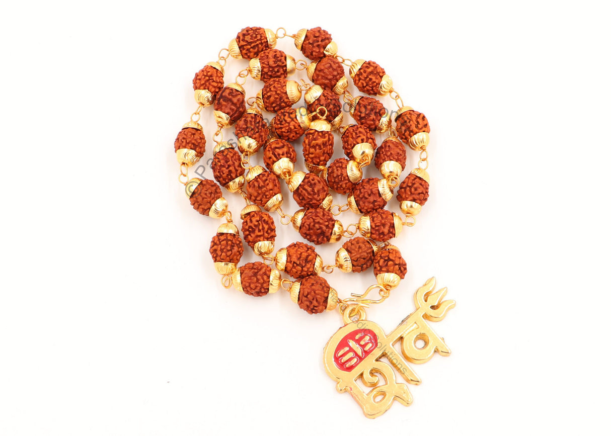 Arkam Shiv Tripund Pendant and Rudraksha Mala Gold plated Brass/ Rudraksh Mala with Gold Metal Capping/ Fancy Rudraksh Mala for Men and women/ Stylish Rudraksha mala Yellow Cap/ Rudraksh Mala 10mm Original (Size: 10mm, Length: 24 inches) - Retail Maharaj