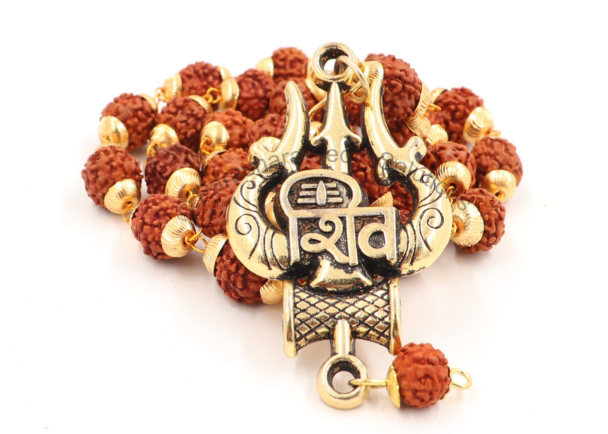 Arkam Shiv Trishul Pendant and Rudraksha Mala Gold plated Brass/ Rudraksh Mala with Gold Metal Capping/ Fancy Rudraksh Mala for Men and women/ Stylish Rudraksha mala Yellow Cap/ Rudraksh Mala 10mm Original (Size: 10mm, Length: 24 inches) - Retail Maharaj