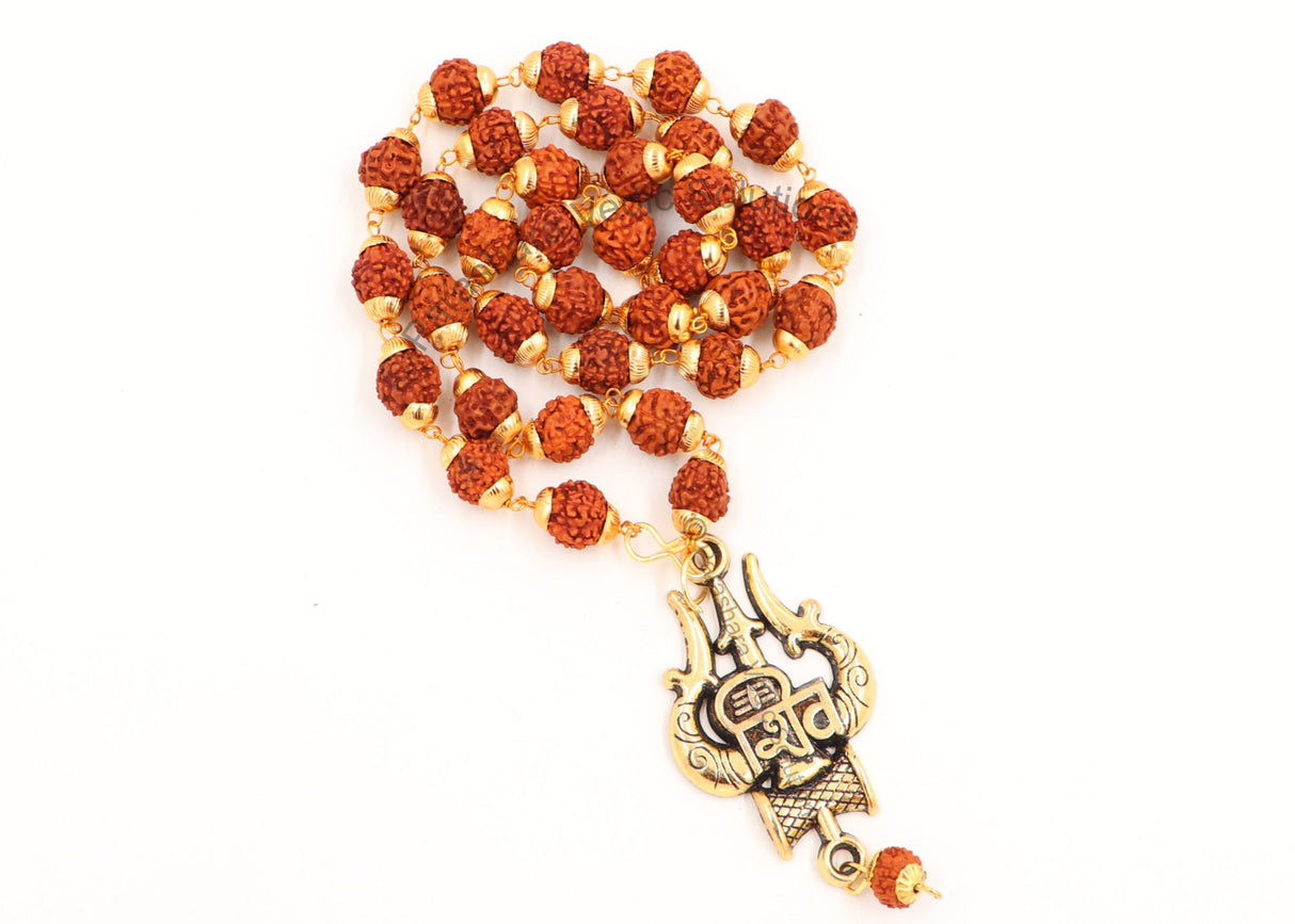 Arkam Shiv Trishul Pendant and Rudraksha Mala Gold plated Brass/ Rudraksh Mala with Gold Metal Capping/ Fancy Rudraksh Mala for Men and women/ Stylish Rudraksha mala Yellow Cap/ Rudraksh Mala 10mm Original (Size: 10mm, Length: 24 inches) - Retail Maharaj