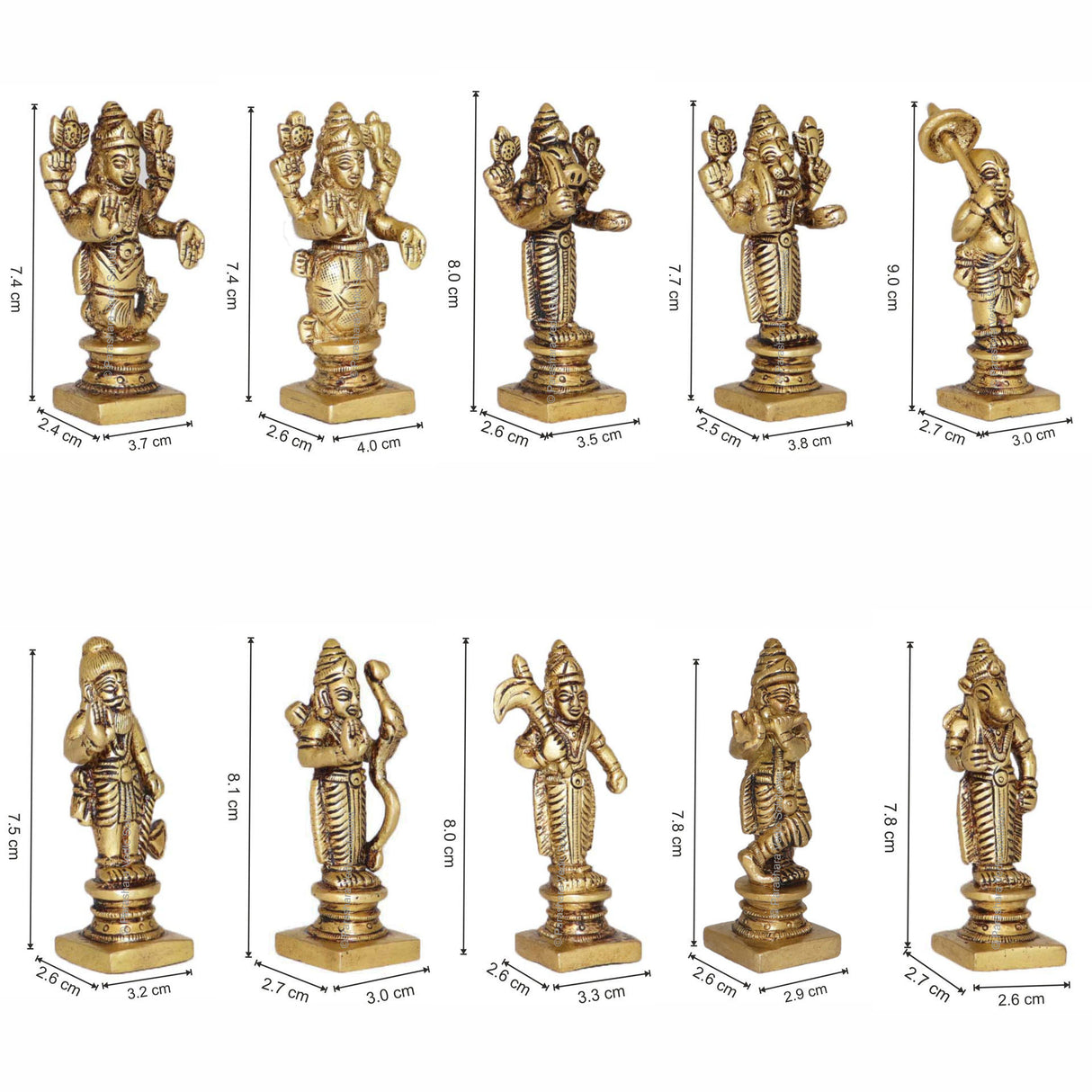 Arkam Brass Dashavatar Murti / Dash Avatar Idol / Pital Das Avatar Statue (Set of 10) - Antique Brass For Home / Temple / Office (Height: 9 cm, Weight: 1250 gms) - Retail Maharaj