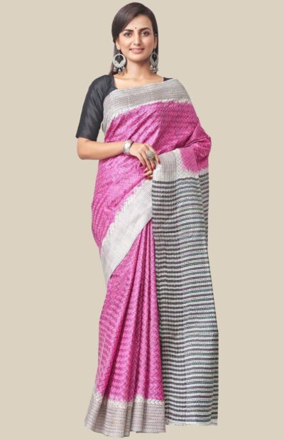 Handcrafted Kantha Silk Saree in Pink - Retail Maharaj