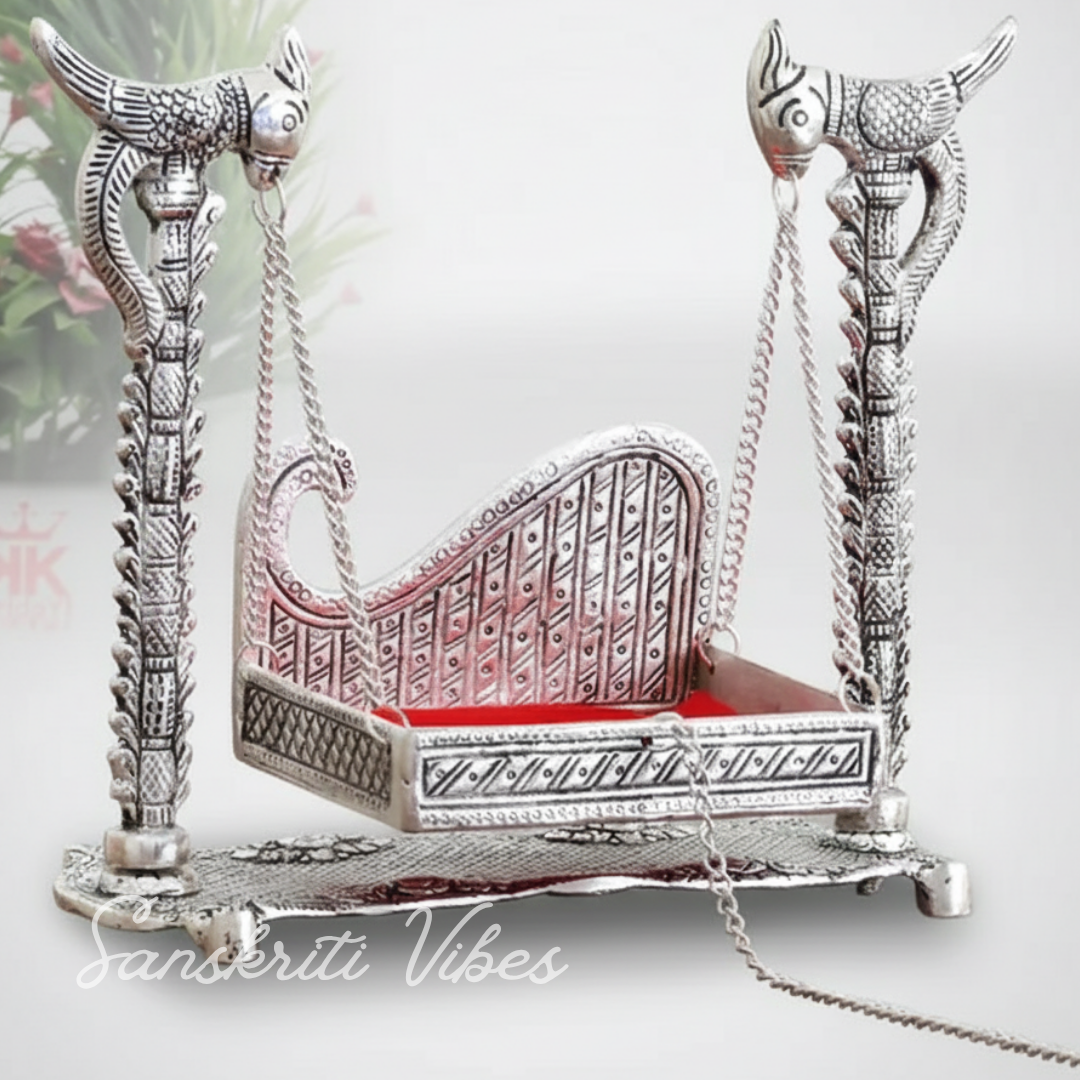 Handcrafted Laddu Gopal Metal Swing Jhula Krishna Hindola Palana Decorative Idol for Temple and Home Pooja Silver Finish by Sanskriti Vibes