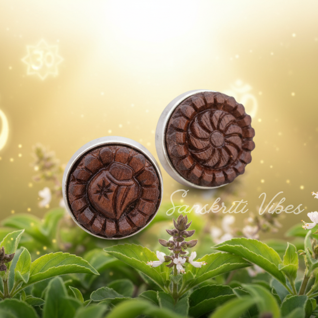 Shanka Chakra Tulsi Earrings in Silver Capping – Traditional Spiritual Jewelry - Retail Maharaj