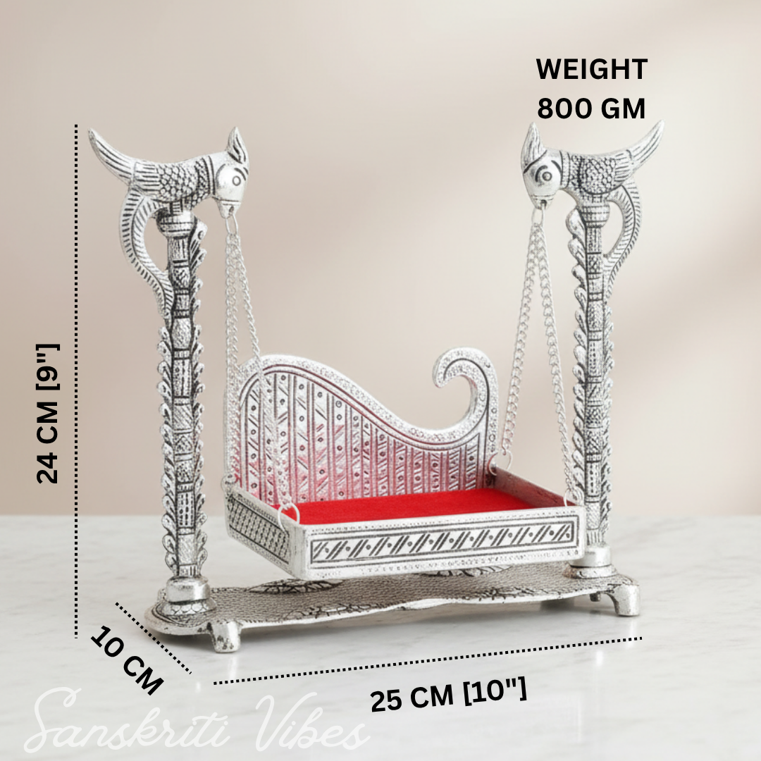 Handcrafted Laddu Gopal Metal Swing Jhula Krishna Hindola Palana Decorative Idol for Temple and Home Pooja Silver Finish by Sanskriti Vibes