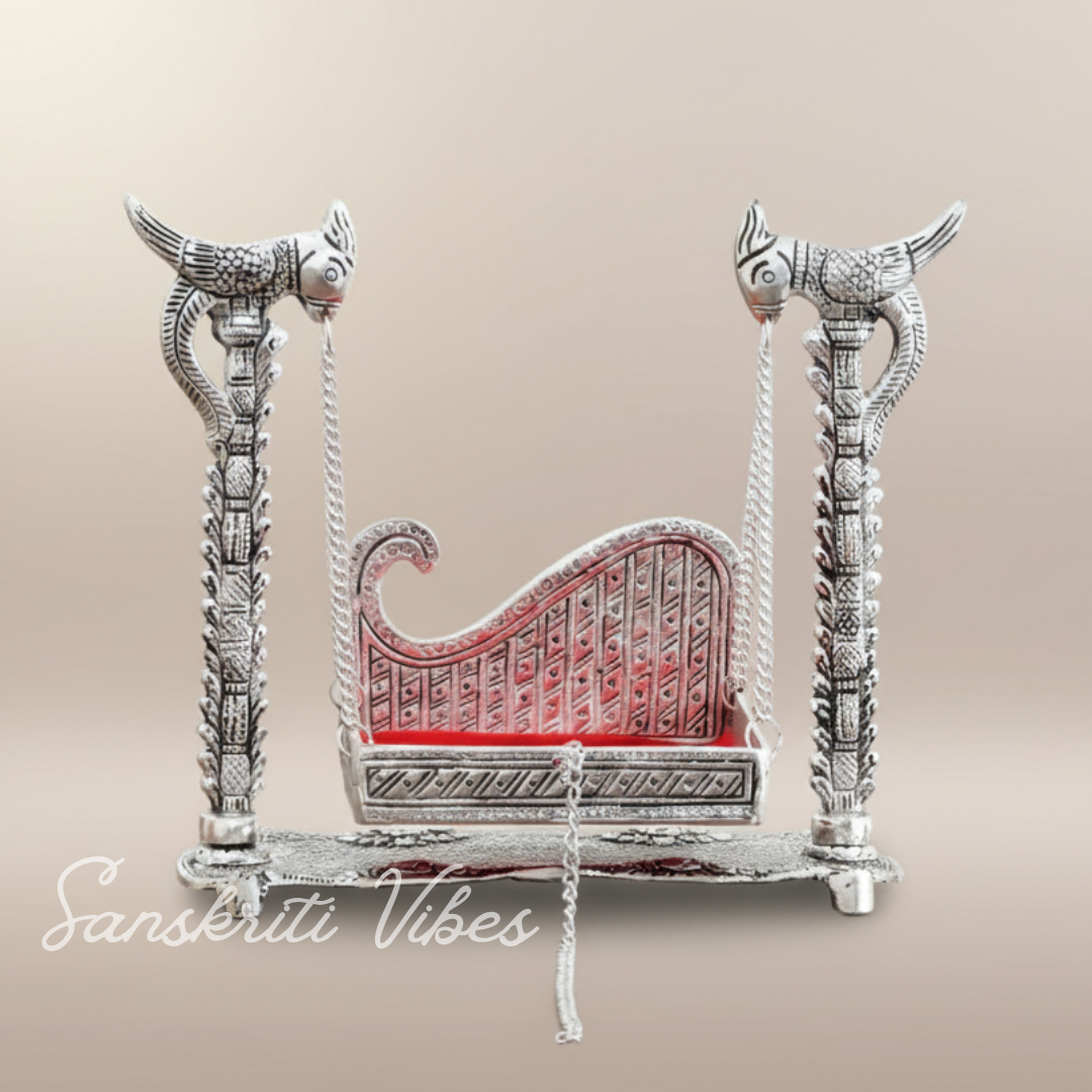 Handcrafted Laddu Gopal Metal Swing Jhula Krishna Hindola Palana Decorative Idol for Temple and Home Pooja Silver Finish by Sanskriti Vibes