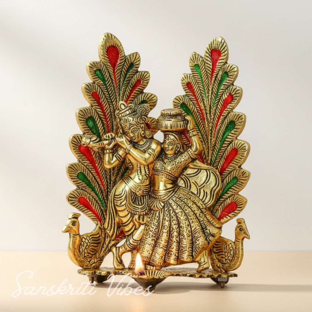 Handcrafted Radha Krishna Peacock Diya Metal Statue Decorative Pooja and Home Decor Showpiece by Sanskriti Vibes