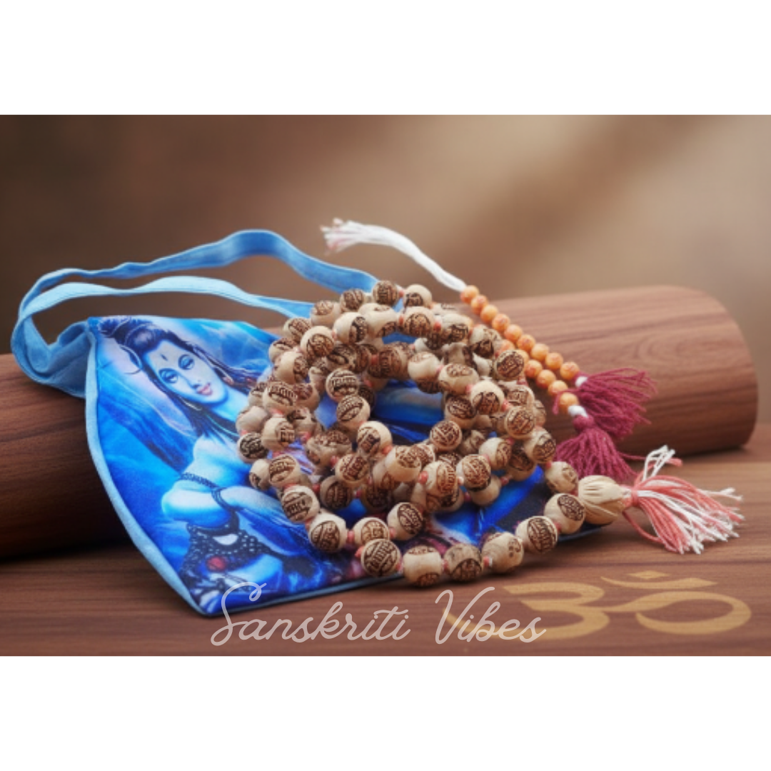 Om Namah Shivaya Original Tulsi Beads Japa Mala – 108 + 1 Beads, 14mm Bead Size, Mahakal Japa - Retail Maharaj