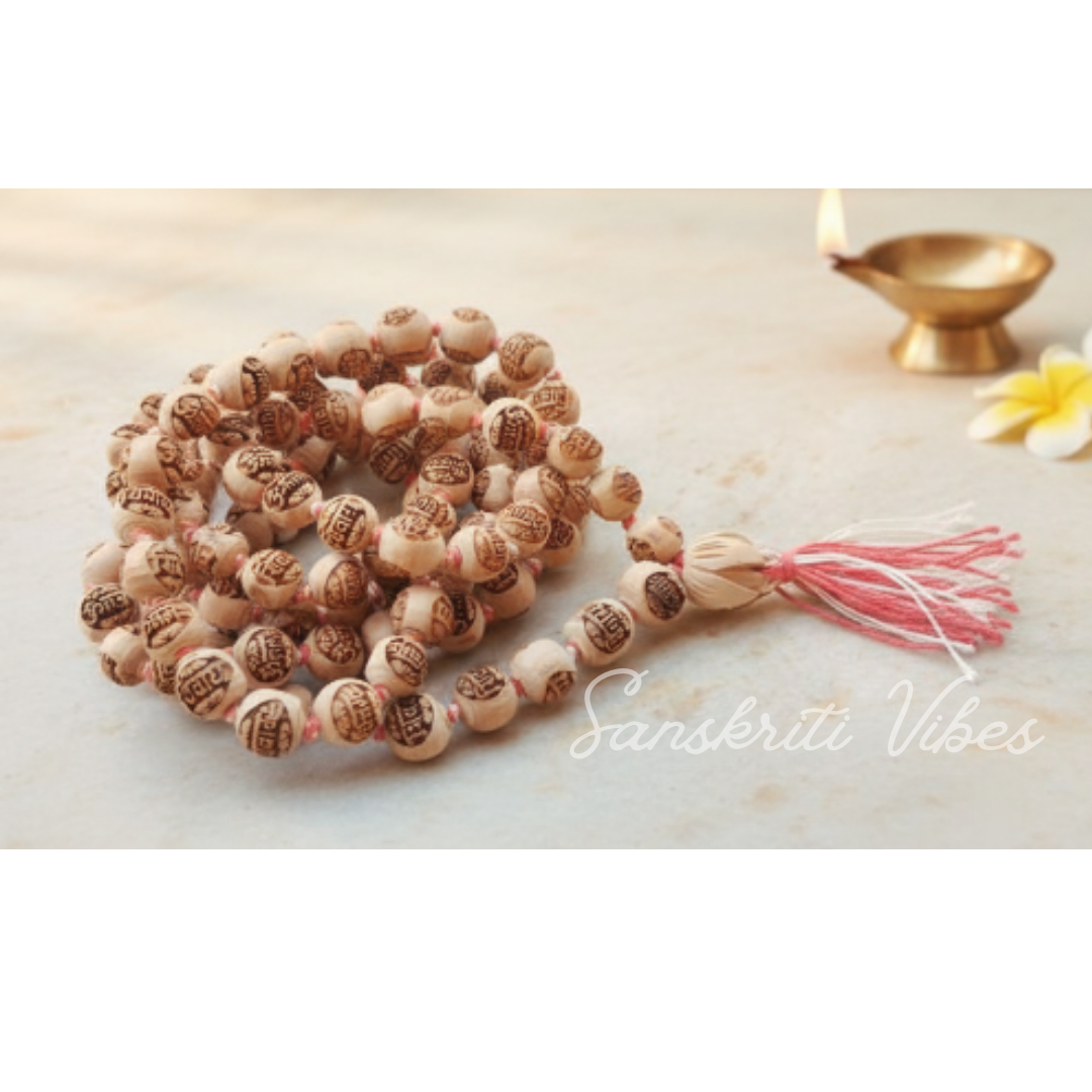 Om Namah Shivaya Original Tulsi Beads Japa Mala – 108 + 1 Beads, 14mm Bead Size, Mahakal Japa - Retail Maharaj