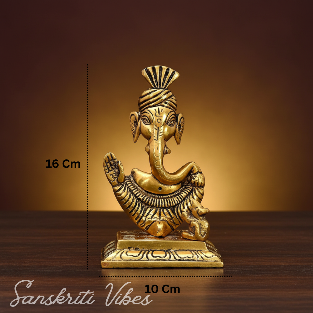 Metal Lord Pagdi Ganesha Reading Ramayana Idol Gold Plated Sitting Statue for Home and Office Decoration