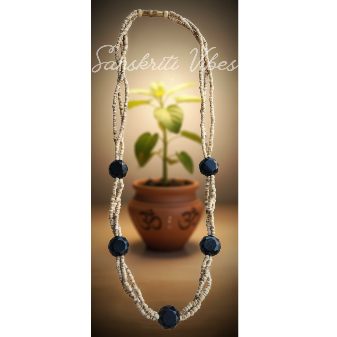Pure Shyama Tulsi Triple Layer String Kanthi Mala – Classic & Trendy 18-Inch Necklace with Black Crystal Beads