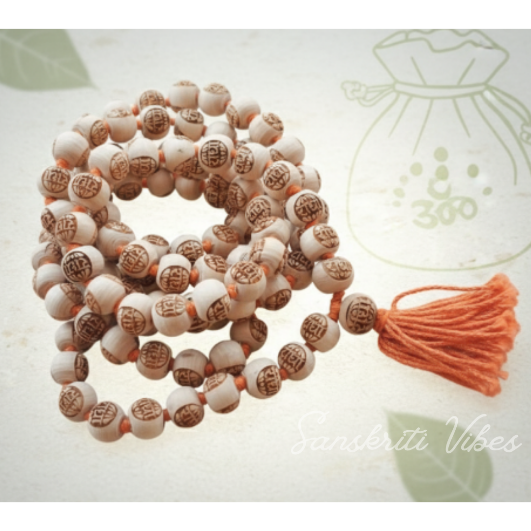Radha Carved 12mm Shyama Tulsi Beads Japa Mala with Gomukhi and Sakshi Mala - Retail Maharaj