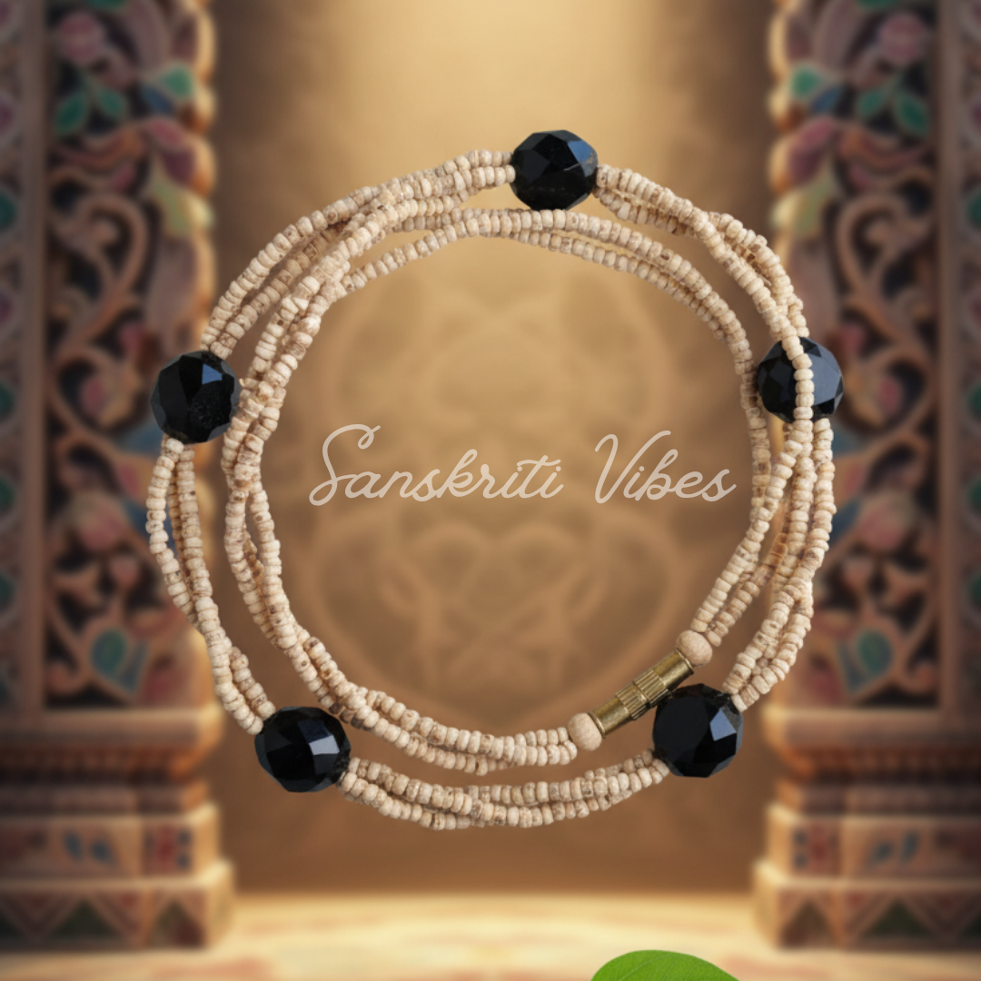 Pure Shyama Tulsi Triple Layer String Kanthi Mala – Classic & Trendy 18-Inch Necklace with Black Crystal Beads