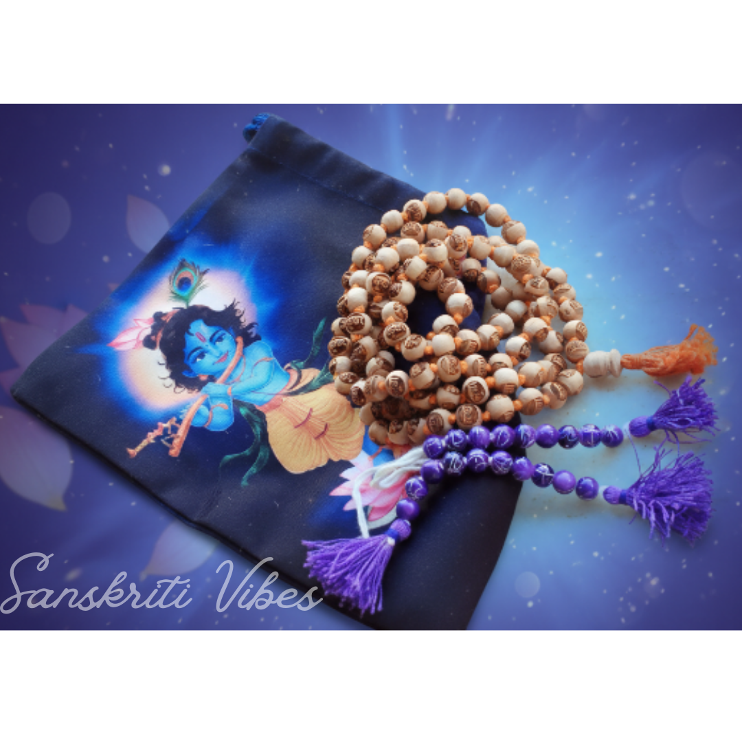 Krishna Tulsi Beads Carved Japa Mala with Krishna Japa Bag and Counter Mala – 8mm Beads - Retail Maharaj