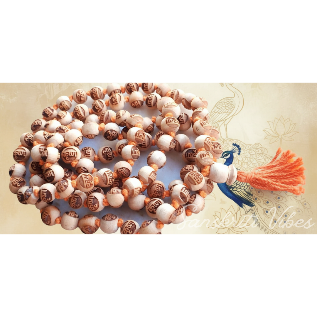 Krishna Tulsi Beads Carved Japa Mala with Krishna Japa Bag and Counter Mala – 8mm Beads - Retail Maharaj