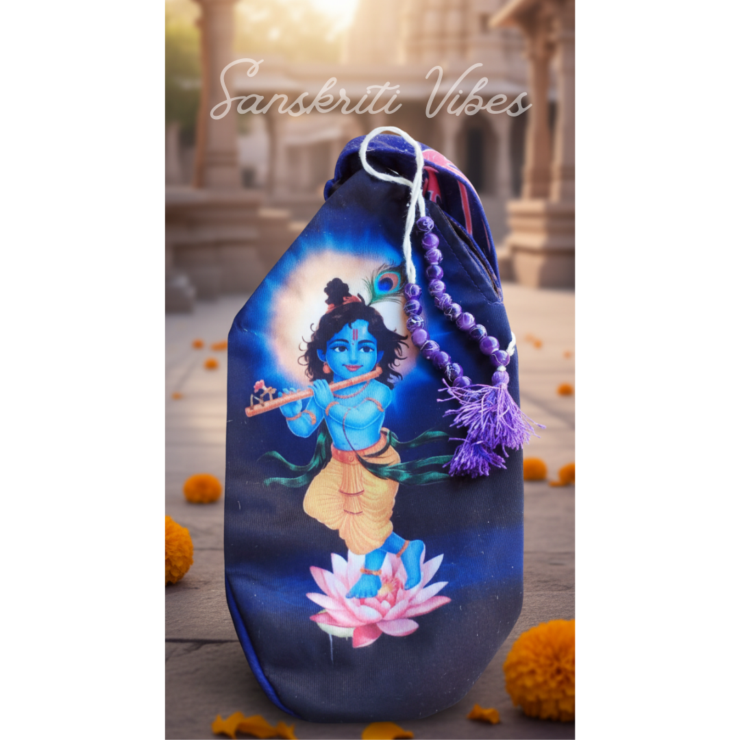 Krishna Tulsi Beads Carved Japa Mala with Krishna Japa Bag and Counter Mala – 8mm Beads - Retail Maharaj