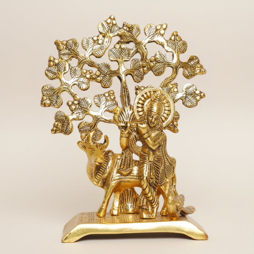 Handcrafted Krishna Playing Flute with Kamdhenu Cow Under Tree Metal Statue for Pooja and Home Decor by Sanskriti Vibes