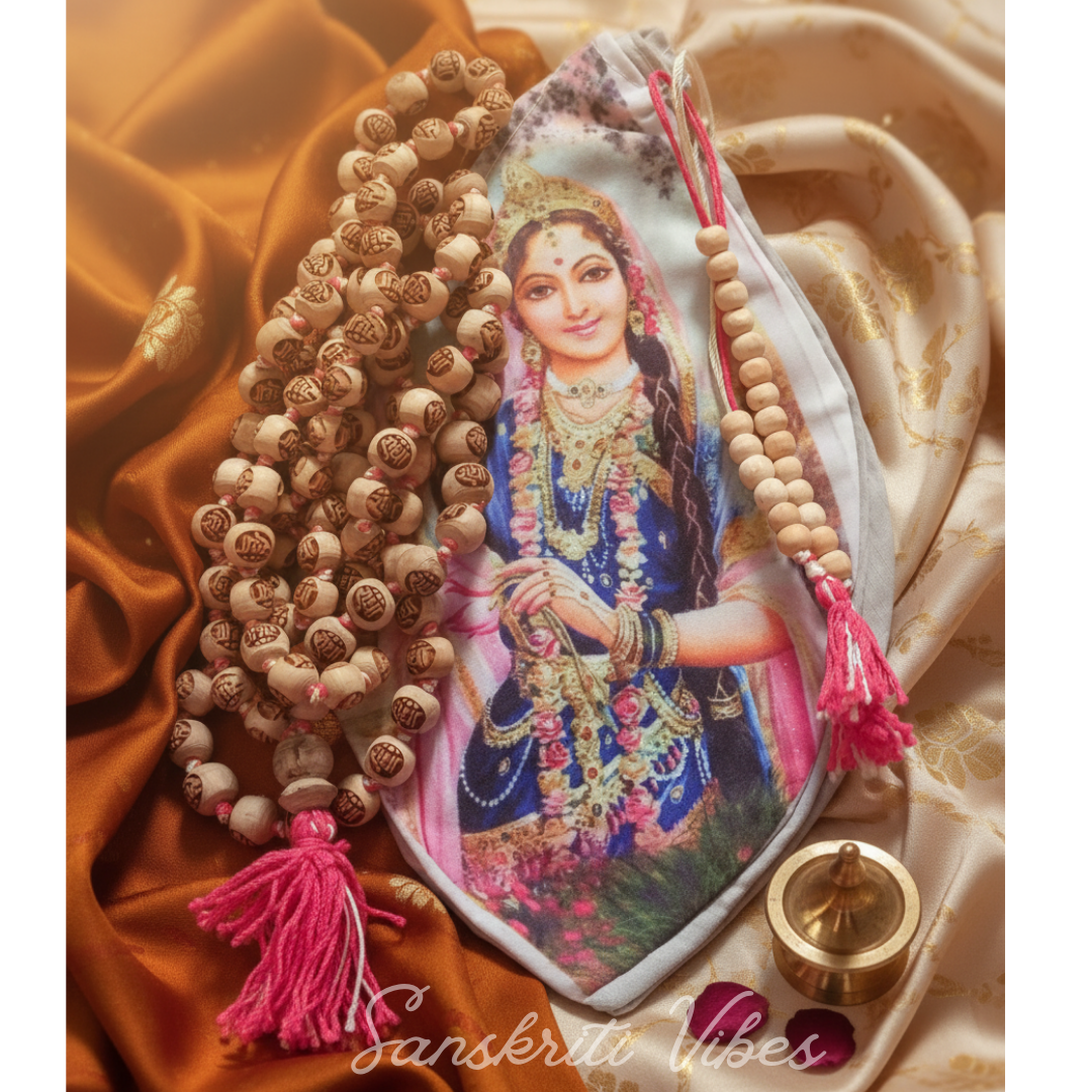 Radha Carved Shyama Tulsi Beads Japa Mala with Chanting Bead Bag and Sakshi Mala - Retail Maharaj
