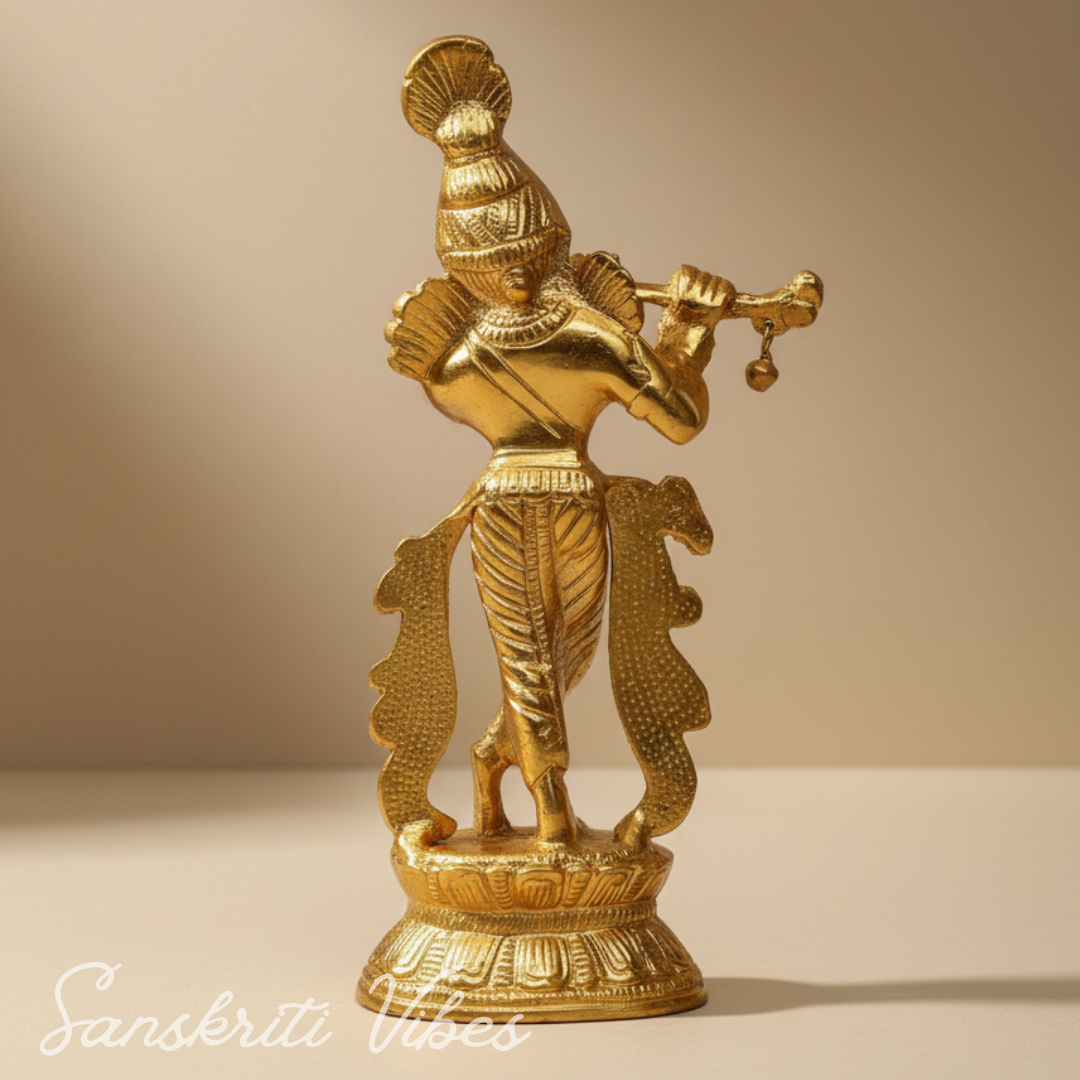 Handcrafted Krishna Playing Flute with Minakari Work Metal Statue Bansuri Krishna Idol for Home Decor and Pooja by Sanskriti Vibes