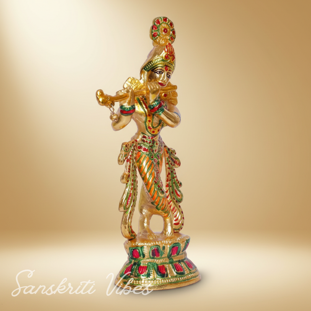Handcrafted Krishna Playing Flute with Minakari Work Metal Statue Bansuri Krishna Idol for Home Decor and Pooja by Sanskriti Vibes