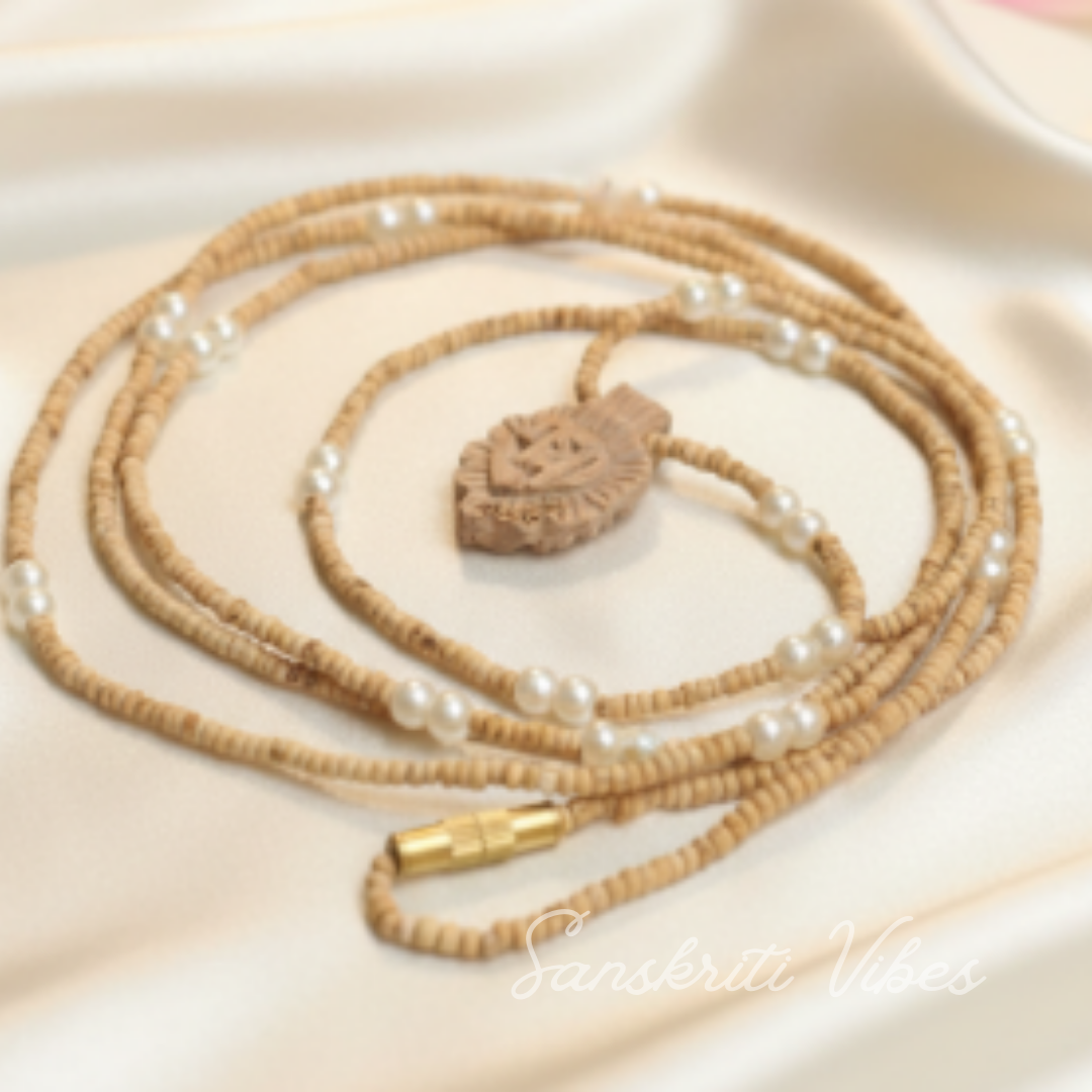 Tiny Tulsi Beads with Radha Naam Pendant & Pearl Kanthi Mala – Real Pearl & Tulsi Bead Necklace, Available in 18", 33", 49" Lengths - Retail Maharaj