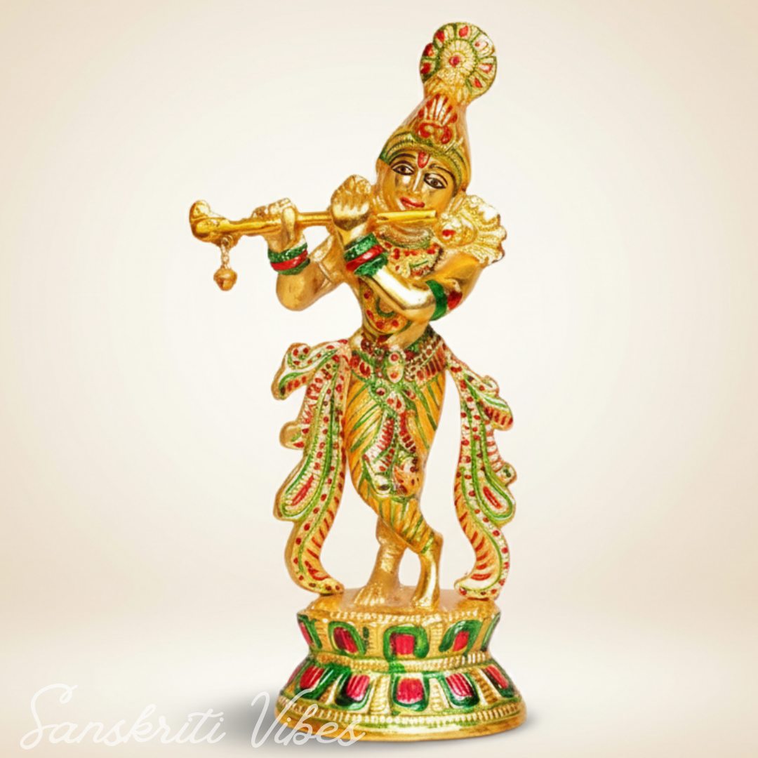 Handcrafted Krishna Playing Flute with Minakari Work Metal Statue Bansuri Krishna Idol for Home Decor and Pooja by Sanskriti Vibes