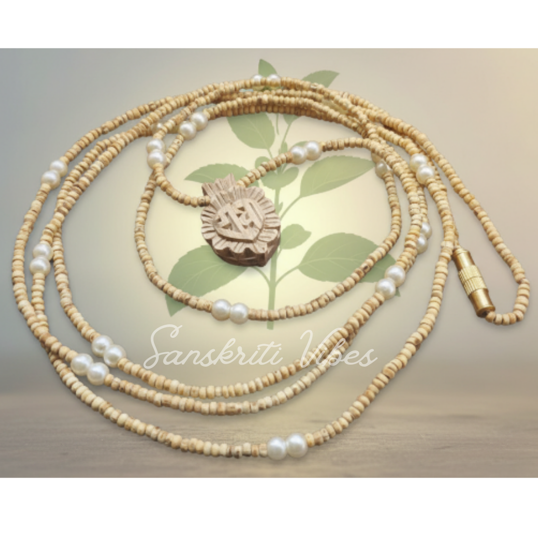 Tiny Tulsi Beads with Radha Naam Pendant & Pearl Kanthi Mala – Real Pearl & Tulsi Bead Necklace, Available in 18", 33", 49" Lengths - Retail Maharaj