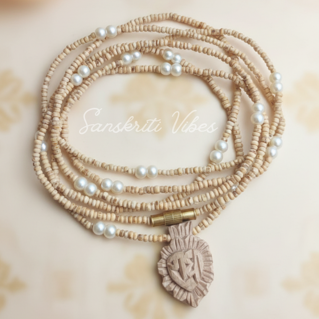 Tiny Tulsi Beads with Radha Naam Pendant & Pearl Kanthi Mala – Real Pearl & Tulsi Bead Necklace, Available in 18", 33", 49" Lengths - Retail Maharaj