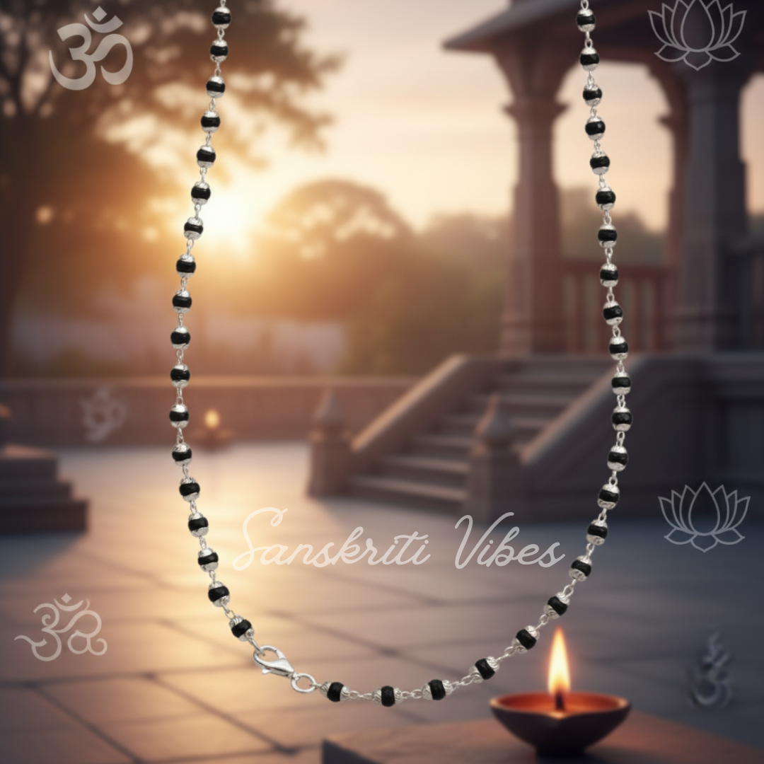 18-Inch Sterling Silver Beautifully Designed Natural Black Tulsi Beads Mala – For Spiritual Wear and Meditation