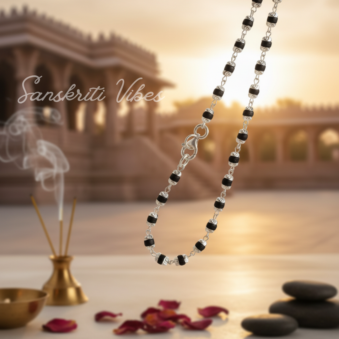 18-Inch Sterling Silver Beautifully Designed Natural Black Tulsi Beads Mala – For Spiritual Wear and Meditation
