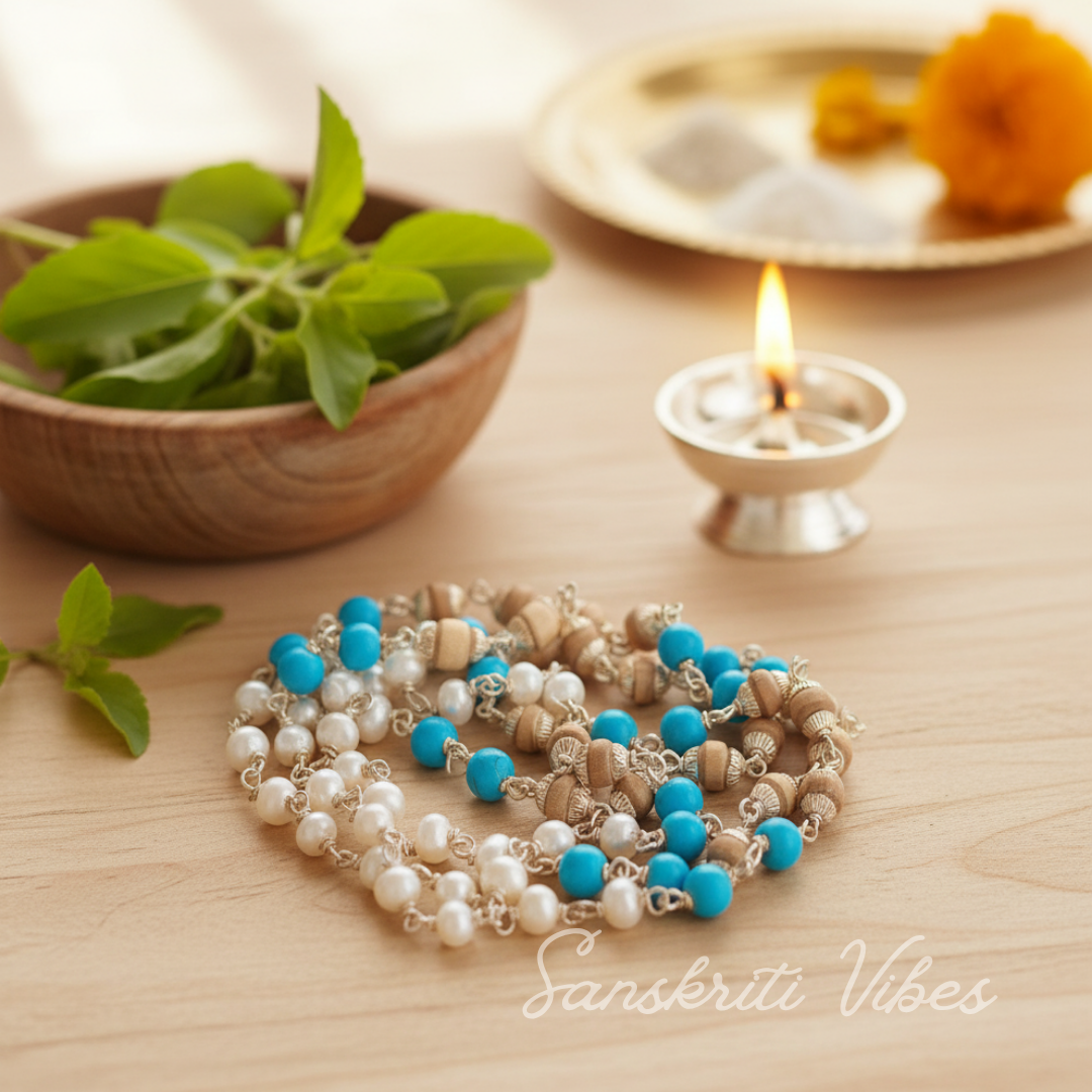 Sterling Silver and Natural Tulasi Basil Rosary Beads Chain – 7.5 gm, 24-Inch Mala for Meditation and Devotional Wear