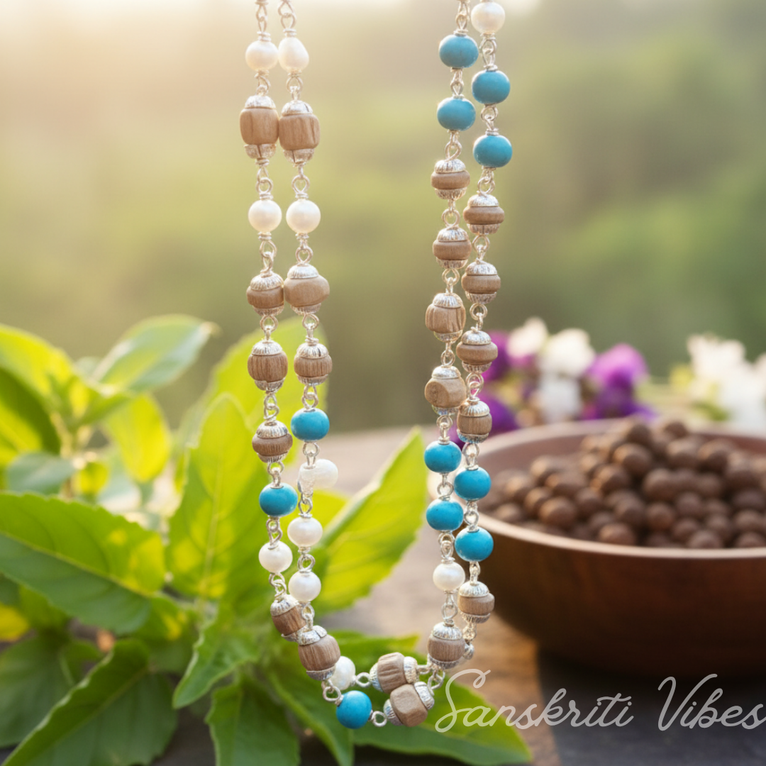 Sterling Silver and Natural Tulasi Basil Rosary Beads Chain – 7.5 gm, 24-Inch Mala for Meditation and Devotional Wear