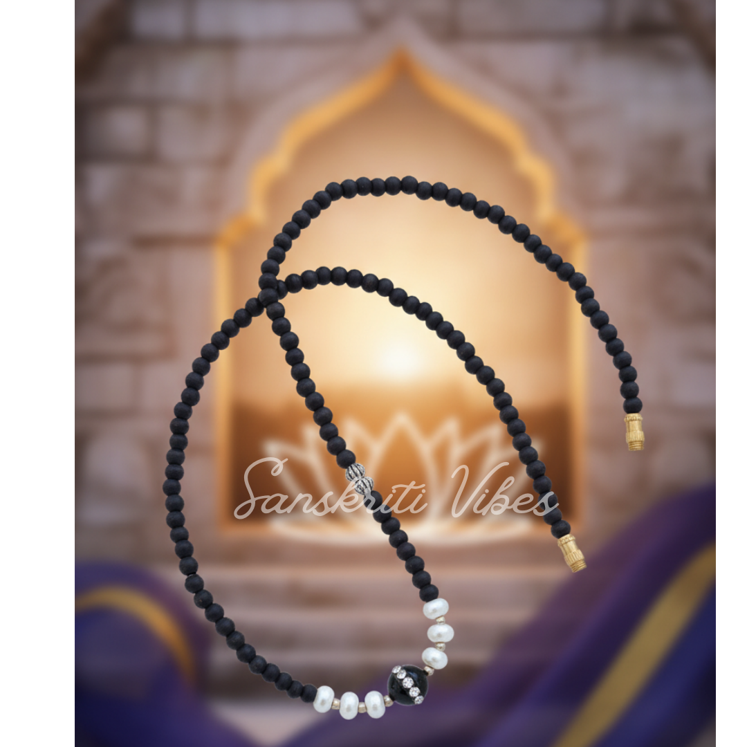 Black Stone with White Moti Tulsi Kanthi Mala – Premium Black Stone Beads, White Pearls & Tulsi, Spiritual Mala - Retail Maharaj