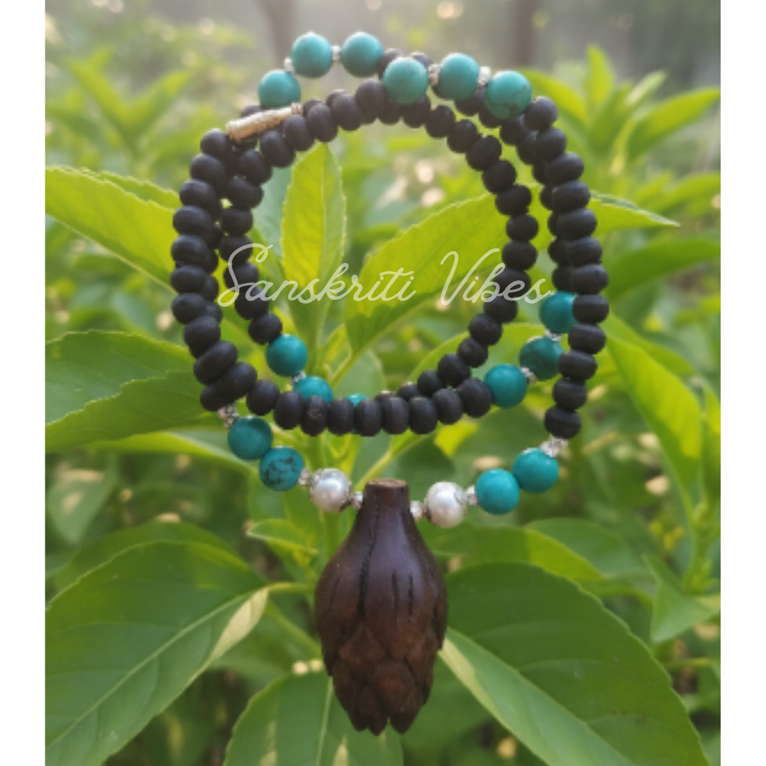 Lotus Bud Pendant with Elegant Silver Tulsi Kanthi Mala – Classic Tulsi Beads Necklace with Silver Lotus Pendant - Retail Maharaj