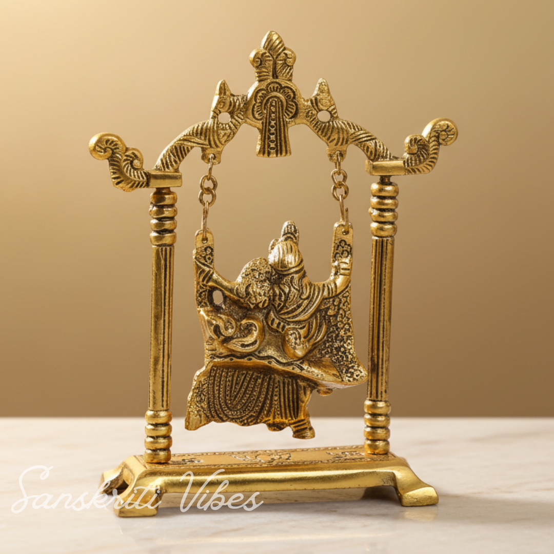 Gold Plated Radha Krishna on Swing Jhula Metal Statue for Home Decor by Kridaykraft