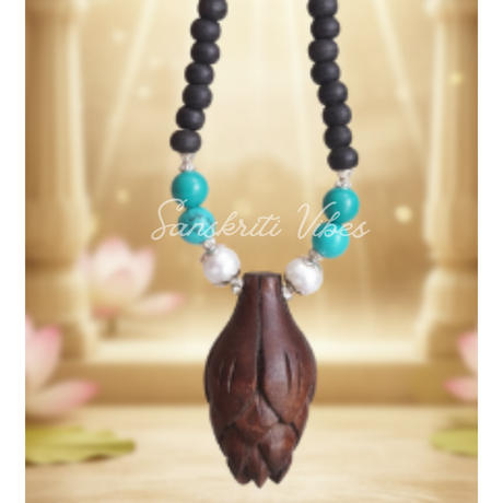Lotus Bud Pendant with Elegant Silver Tulsi Kanthi Mala – Classic Tulsi Beads Necklace with Silver Lotus Pendant - Retail Maharaj
