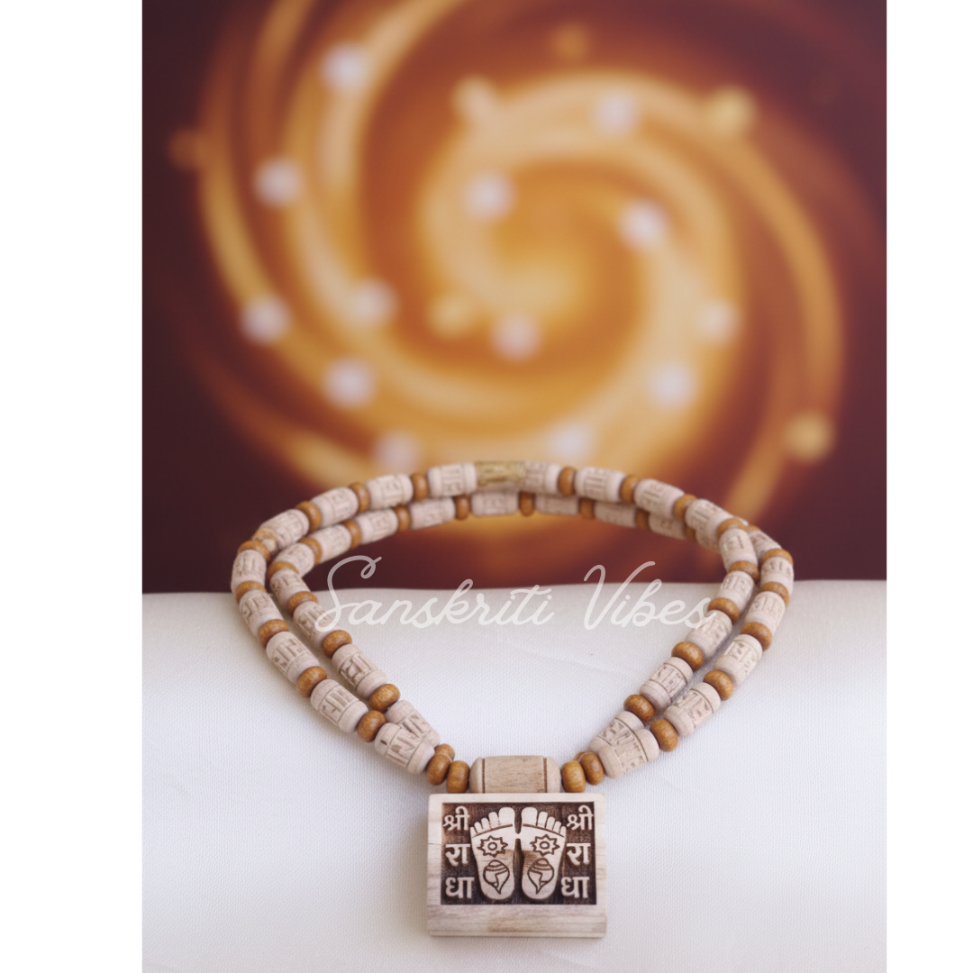 Shri Radha Charan Small Bhaktmal with Radha Carved Tulsi Kanthi Mala – Devotional Necklace for Spiritual Blessings - Retail Maharaj