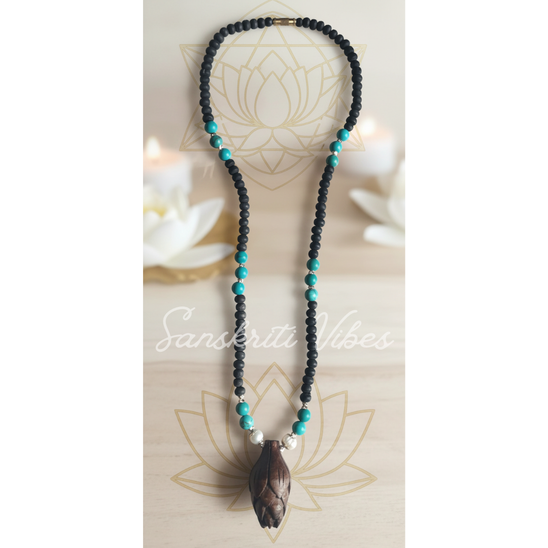 Lotus Bud Pendant with Elegant Silver Tulsi Kanthi Mala – Classic Tulsi Beads Necklace with Silver Lotus Pendant - Retail Maharaj