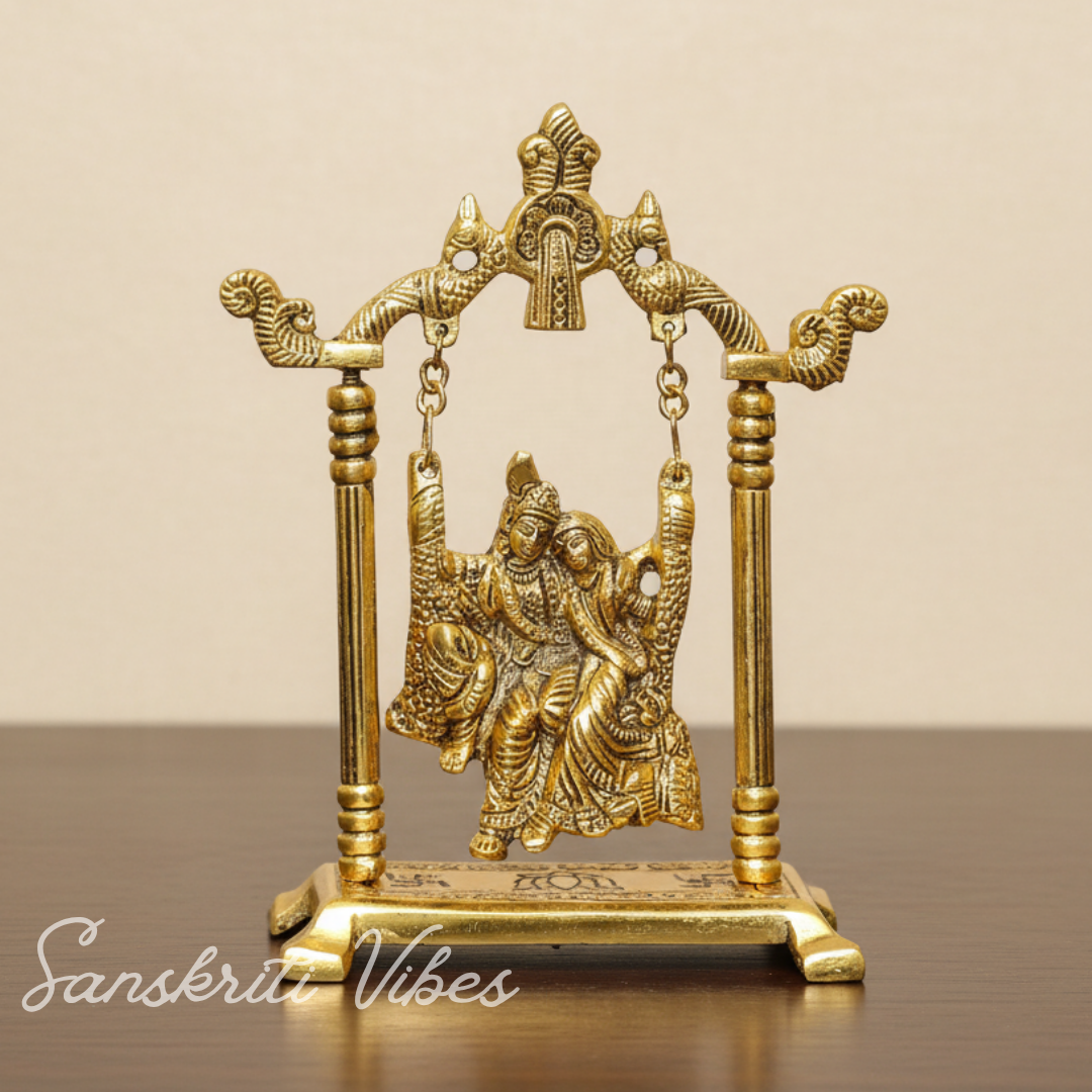 Gold Plated Radha Krishna on Swing Jhula Metal Statue for Home Decor by Kridaykraft