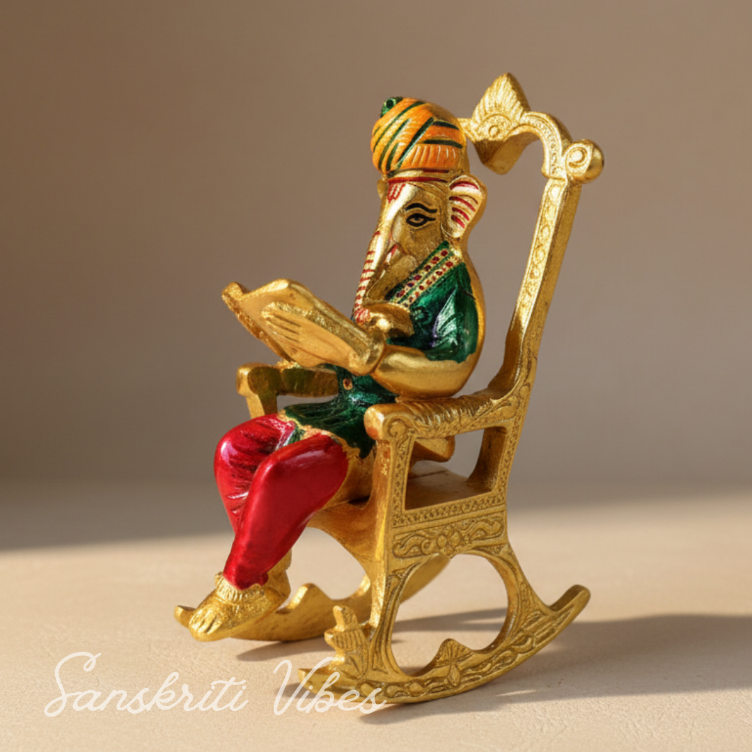Modern Chair Ganesha Metal Statue Reading Ramayan with Meenakari Work Aluminium Ganesh Showpiece for Home Decor and Auspicious Gifting