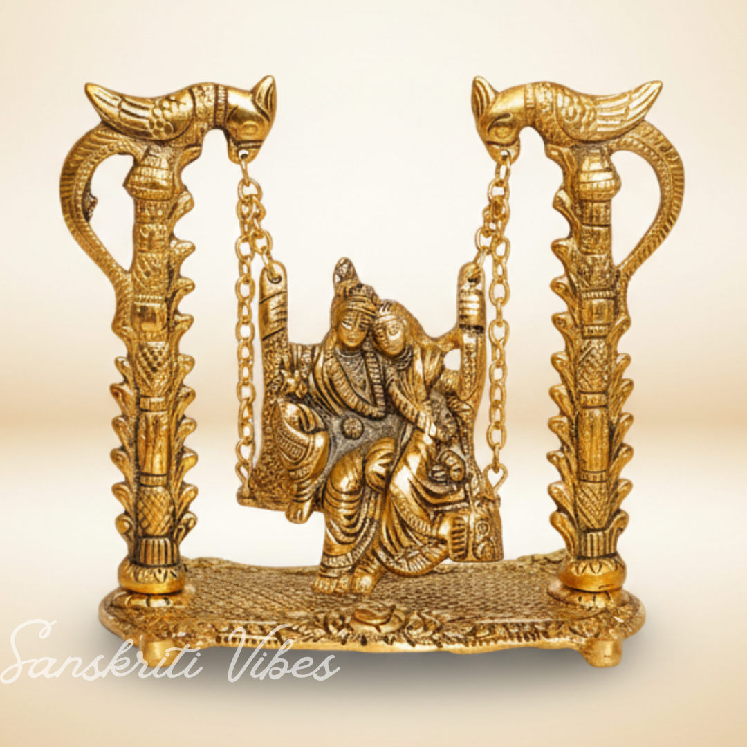 Radha Krishna on Swing Jhula Gold Plated Metal Idol for Home Decor and Gifting