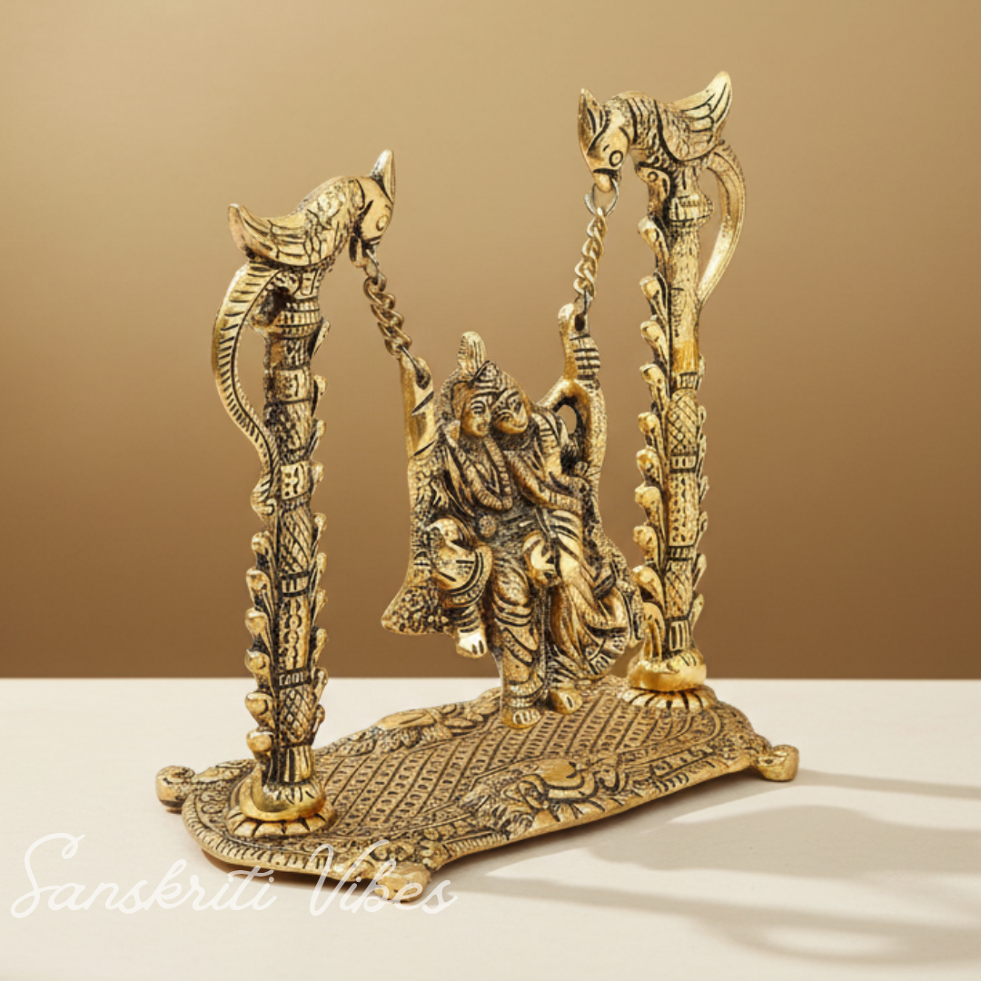 Radha Krishna on Swing Jhula Gold Plated Metal Idol for Home Decor and Gifting