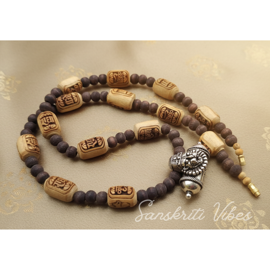 Silver Narsimha Kavach with Radha Krishna Carved Original Tulsi Beads Mala – 20 Inch 92.5% Pure Silver Spiritual Jewelry - Retail Maharaj