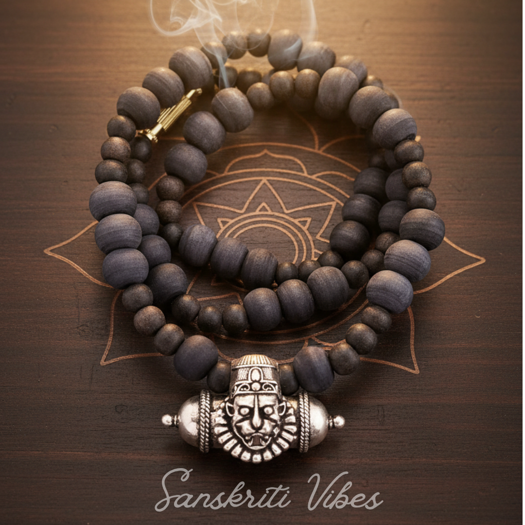Narasimha Kavach with Shyma Black Original Tulsi Beads Mala – 20 Inch 92.5% Pure Silver Spiritual Jewelry - Retail Maharaj