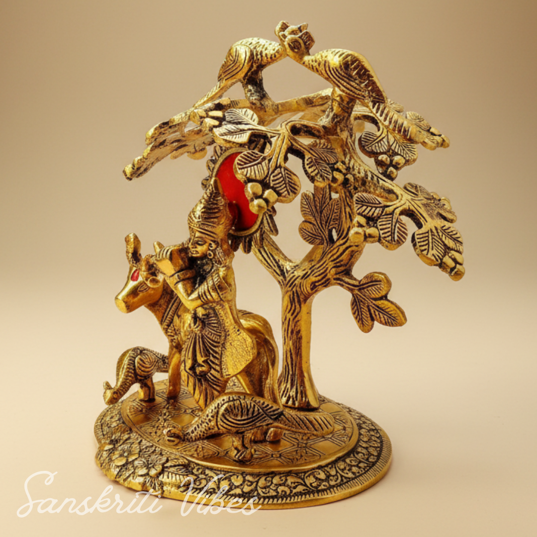 Tree Cow Krishna Idol Gold Oxidized Finish for Home Decor and Exclusive Diwali Gift Aluminium Showpiece