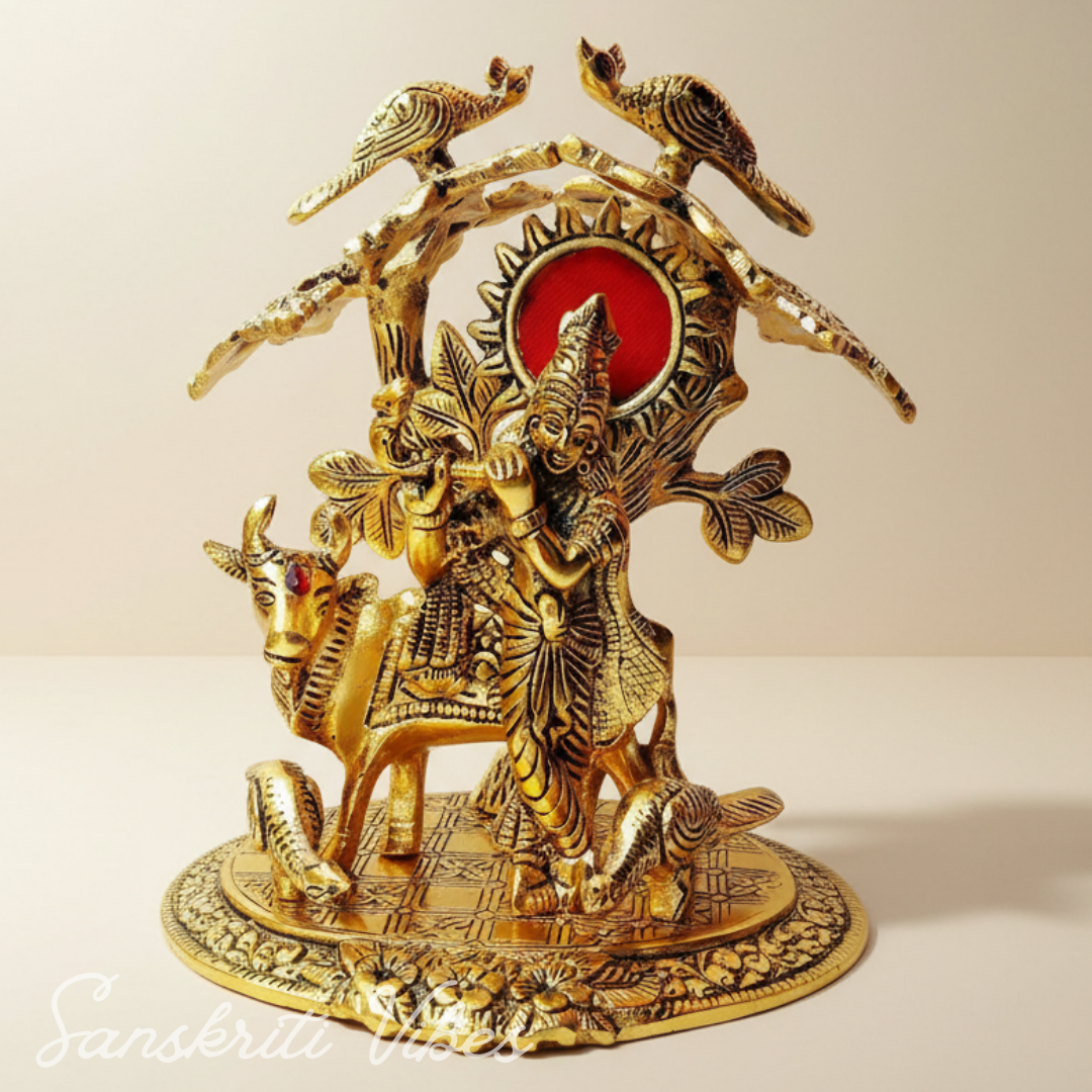 Tree Cow Krishna Idol Gold Oxidized Finish for Home Decor and Exclusive Diwali Gift Aluminium Showpiece
