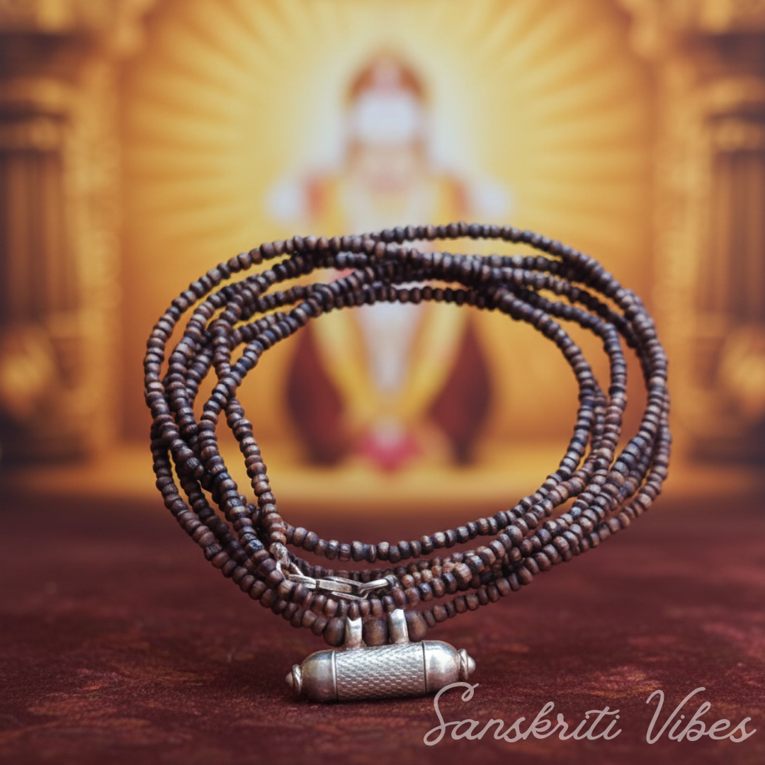 Three Round Shyma Kanthi Mala with Silver Narasimhadev Kavacha – 49 Inch 92.5% Pure Silver Tulsi Beads Spiritual Jewelry - Retail Maharaj